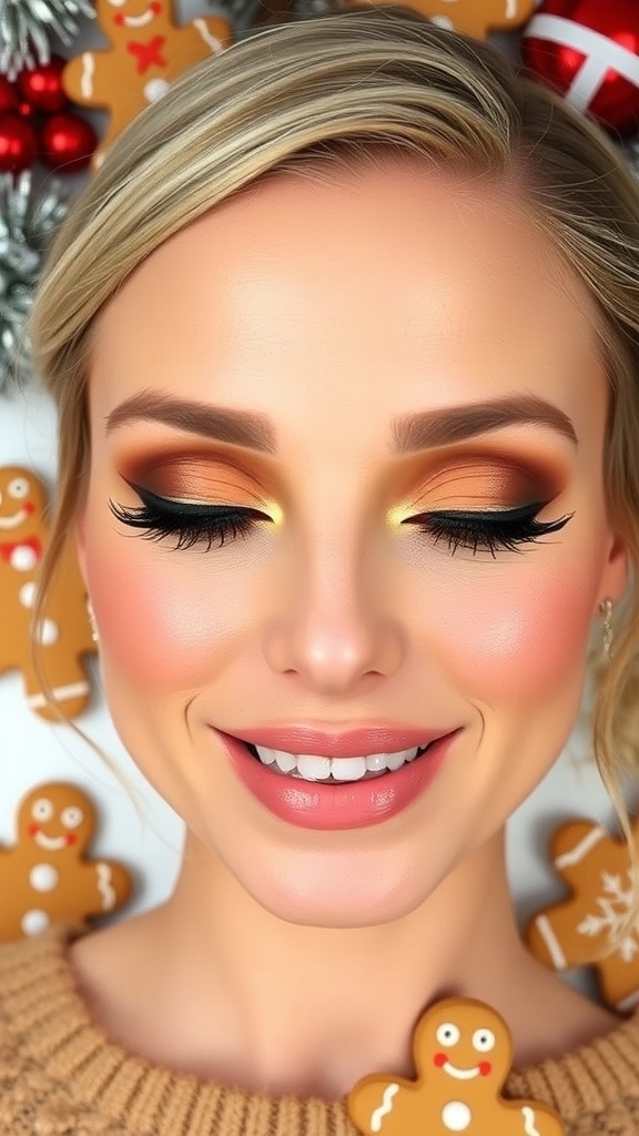 Festive gingerbread-inspired makeup with warm browns, rosy blush, and glossy lips, set against a Christmas-themed background.